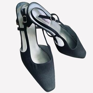 DRESS SHOES PEWTER GRAY FABRIC SLING BACK BLOCK HEEL SLING BACK 11B